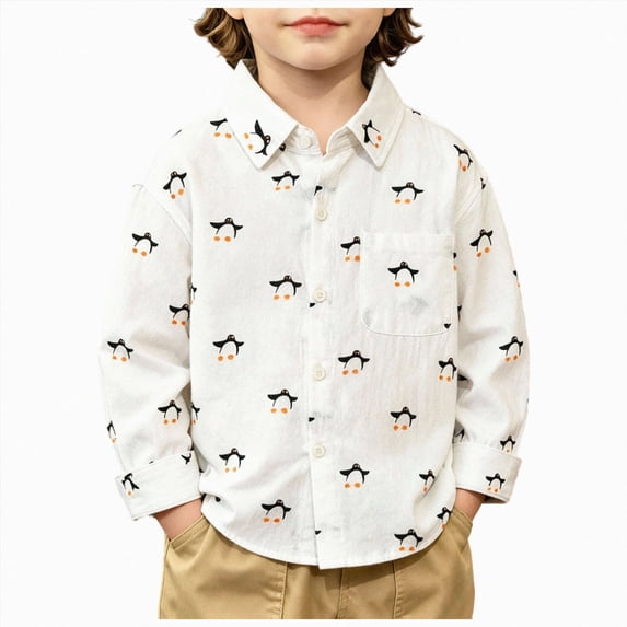 yboeqw Boys Long Sleeve Shirts Cartoon Print Button Down Top for 6 9 12 18 Months 2T 3T 4T 5T 6T Fall Loose Fit Blouse(1-2 Years,White)