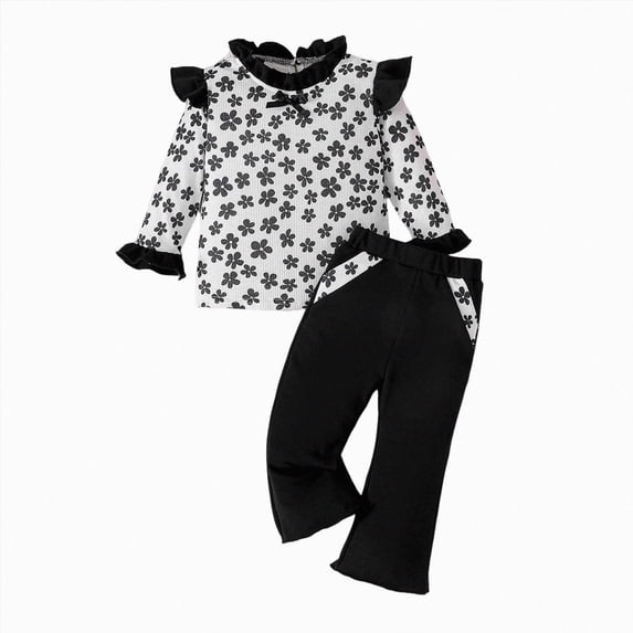 yboeqw Girls Outfit Sets Ruffle Long Sleeve 2 Piece Casual Crew Neck T-Shirts and Pants Sets,Size 9-12 Months