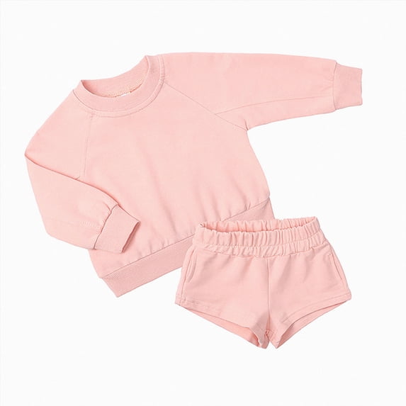 yboeqw Kids 2Pcs Winter Outfits Toddler Boys Long Sleeve Solid Clothing Crewneck T-Shirt and Comfy Shorts Clothes Set Pink,Size 11-12Years