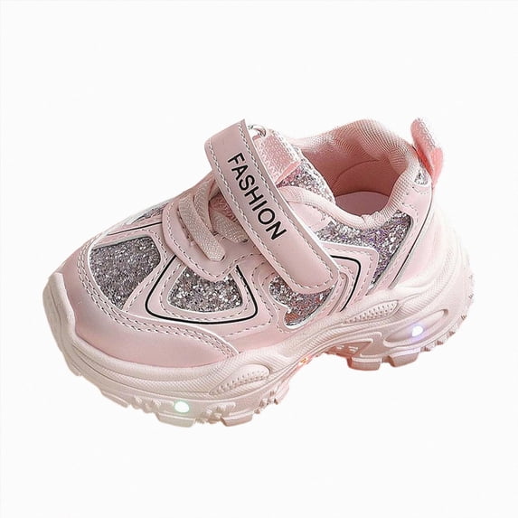 yboeqw Little Girls Hook and Loop Light‑Up Sneakers Glitter Patchwork Upper LED Flashing Sole Lightweight Non‑Slip Chunky Athletic Shoes for Little Girls