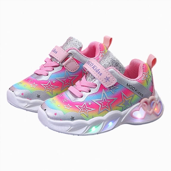 yboeqw Little Girls Hook and Loop Light‑Up Sneakers Rainbow Star Print LED Flashing Sole Lightweight Non‑Slip Casual Athletic Shoes for Little Girls
