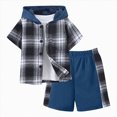 thumbnail image 1 of yboeqw Toddler Boys Clothes 2 Piece Sweatsuit Set Short Sleeve Button Down Plaid Shirt Hooded and Shorts for Fall Winter Outfit 2-7T(5-6 Years,Blue), 1 of 8