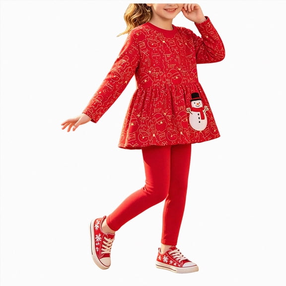yboeqw Toddler Girl Christmas 2Pcs Outfit Kid Fall Ruffle Long Sleeve T-Shirt Legging Winter Vacation Clothing Set,Size 1-2 Years