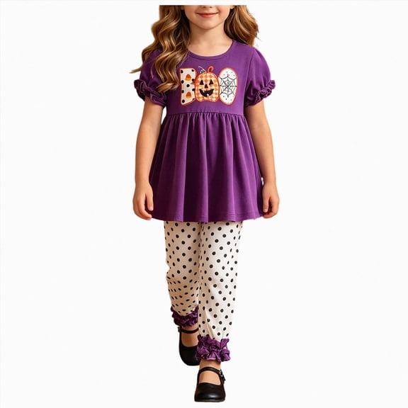 yboeqw Toddler Girl Halloween 2‑Piece Outfit Set Boo Print Short Sleeve Peplum Top with Ruffle Cuff Leggings Holiday Clothing Set,Size 18-24 Months