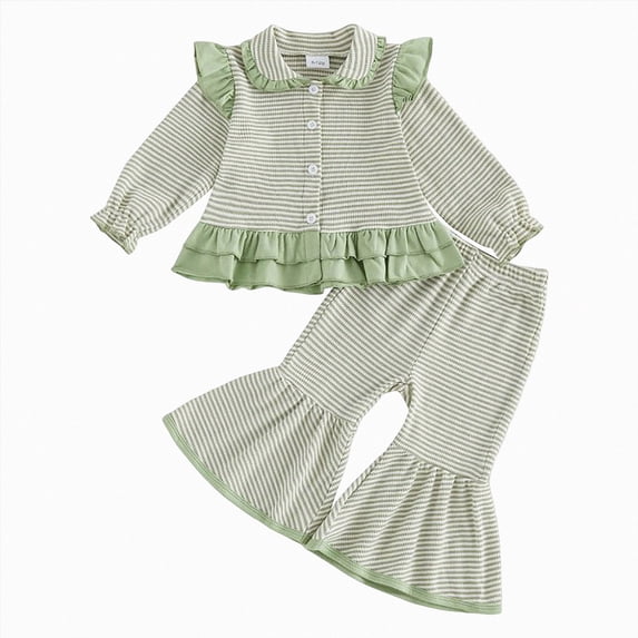 yboeqw Toddler Girls Clothing 2 Piece Stripe Print Long Sleeve Ruffle Shirt Top Wide Leg Pants Sets Fall Winter Outfits,Size 18-24 Months