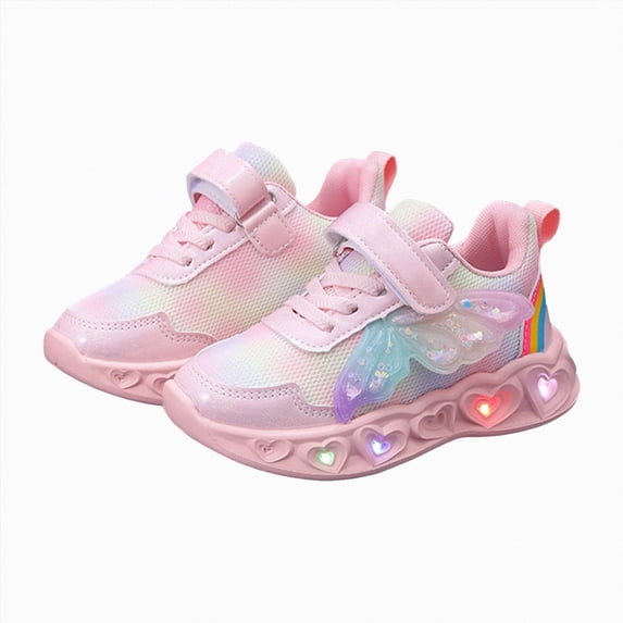 yboeqw Toddler Girls Hook and Loop Light‑Up Sneakers Butterfly Sequin Decor LED Flashing Heart Sole Lightweight Non‑Slip Casual Athletic Shoes for Little Girls