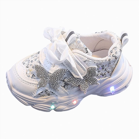 yboeqw Toddler Girls Hook and Loop Light‑Up Sneakers Sequin Bow Accent LED Flashing Sole Lightweight Non‑Slip Athletic Shoes for Little Girls Daily Wear