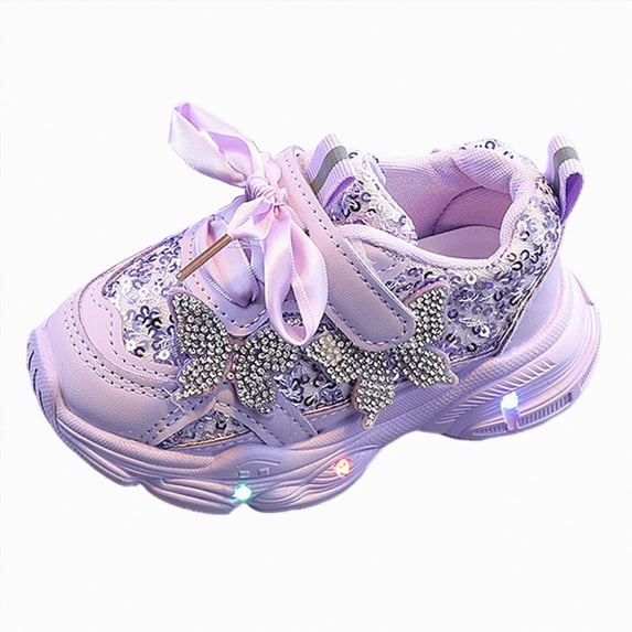 yboeqw Toddler Girls LED Light‑Up Casual Shoes Sequin Bow Ornament Hook‑and‑Loop Sneakers Flashing Sole Lightweight Non‑Slip Walking Shoes for Little Girls