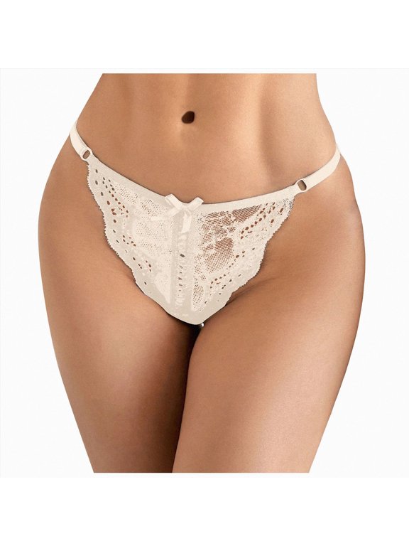 Women Bow Decor Lace Thong Panties, Sheer Hollow Floral Lace G‑String Underwear Size L