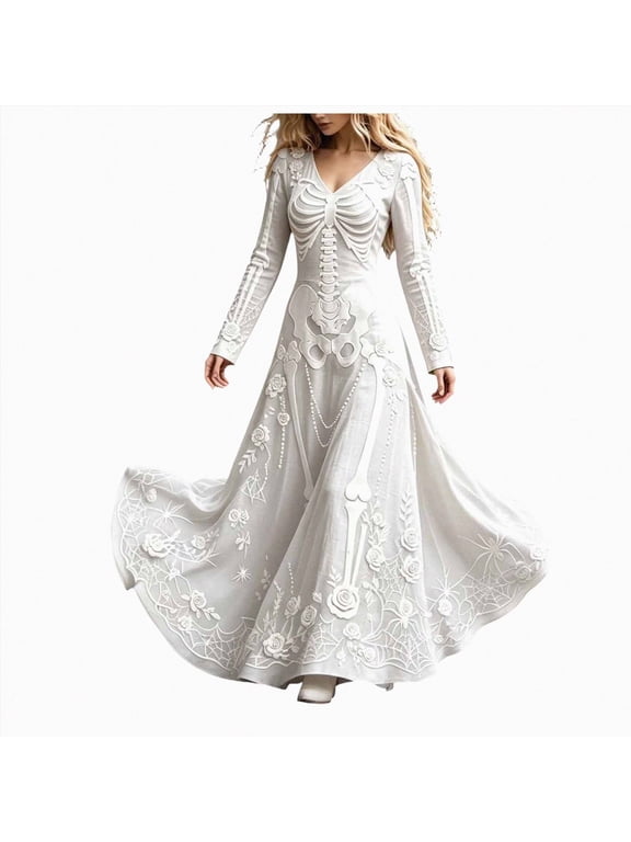 Women Gothic Maxi Dress Long Sleeve V-Neck Halloween Skeleton Print Costume Dress for Party Cosplay White Size XXXXXL