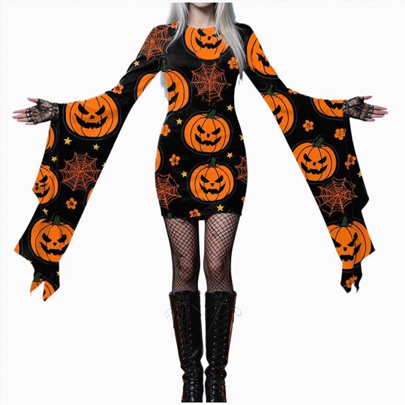 yboeqw Women Halloween Pumpkin Face Graphic Print Bodycon Mini Dress Oversized Flared Long Sleeve Gothic Witch Cosplay Party Costume Dresses Size XXL
