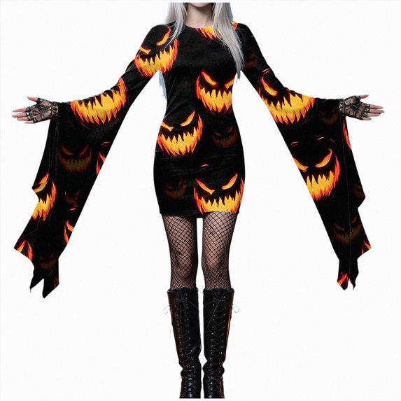 yboeqw Women Halloween Pumpkin Face Graphic Print Bodycon Mini Dress Oversized Flared Long Sleeve Gothic Witch Cosplay Party Costume Dresses Size XXL