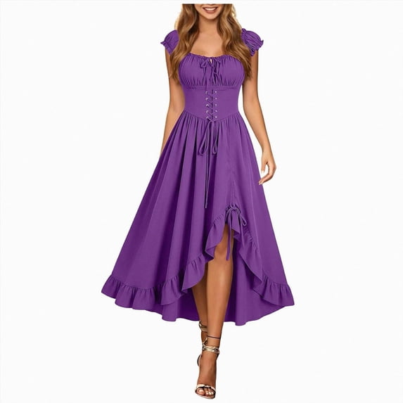yboeqw Women Puff Short Sleeve Corset Lace‑Up Midi Dress Square Neck High Low Ruffle Hem Flowy Long Dress Renaissance Halloween Party Costume Dresses Size XXL
