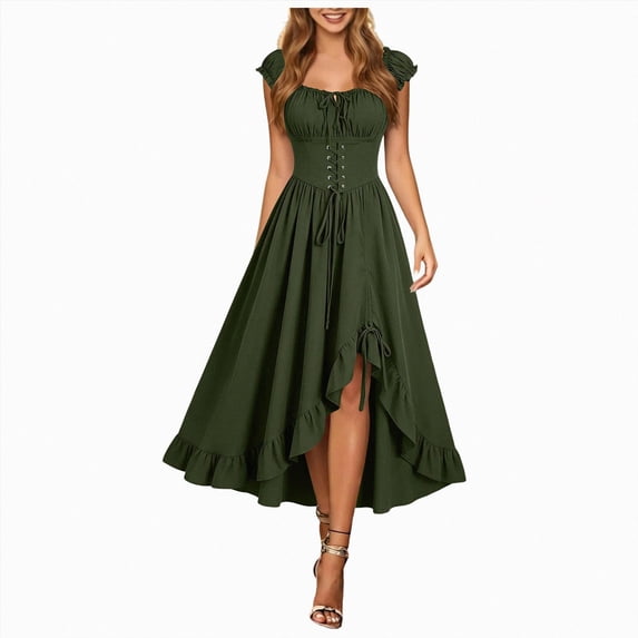 yboeqw Women Puff Short Sleeve Corset Lace‑Up Midi Dress Square Neck High Low Ruffle Hem Flowy Long Dress Renaissance Halloween Party Costume Dresses Size L