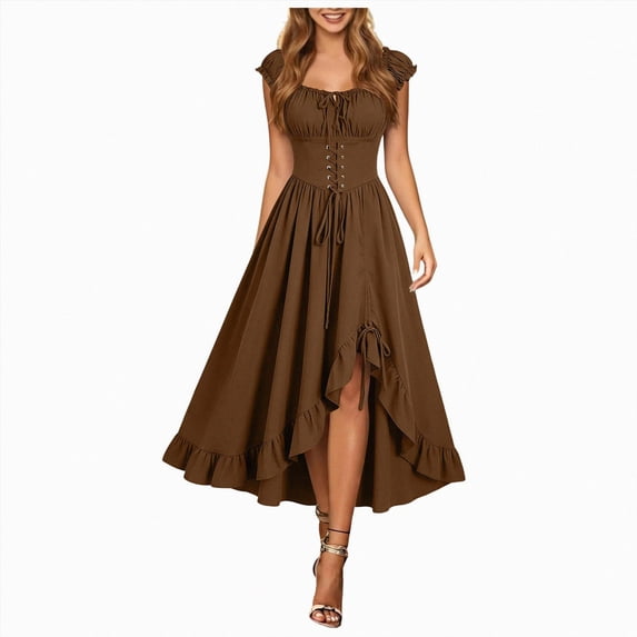 yboeqw Women Puff Short Sleeve Corset Lace‑Up Midi Dress Square Neck High Low Ruffle Hem Flowy Long Dress Renaissance Halloween Party Costume Dresses Size M