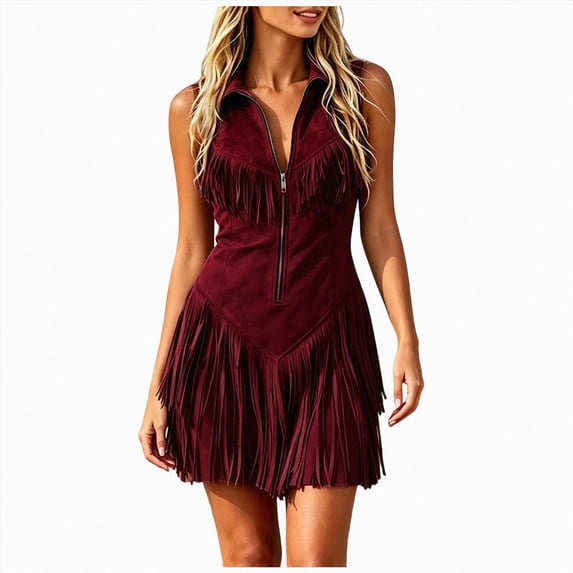 yboeqw Women Sleeveless Fringe Mini Dress Zip Front Collared Western Cowgirl Halloween Costume Short Dresses Size M