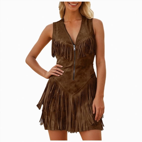 yboeqw Womens Collared Sleeveless Cowgirl Fringe Dress Half Zipper V Neck Suede‑Look Western Halloween Party Mini Dress Size L
