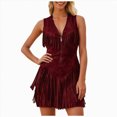 thumbnail image 1 of yboeqw Womens Collared Sleeveless Cowgirl Fringe Dress Half Zipper V Neck Suede‑Look Western Halloween Party Mini Dress Size L, 1 of 7