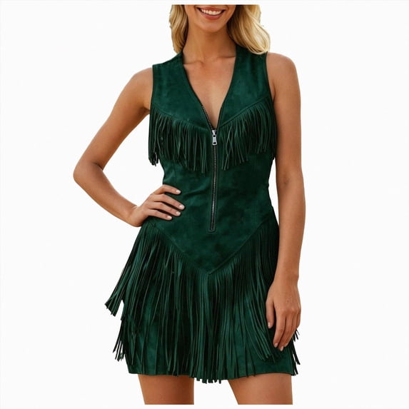 yboeqw Womens Collared Sleeveless Cowgirl Fringe Dress Half Zipper V Neck Suede‑Look Western Halloween Party Mini Dress Size S