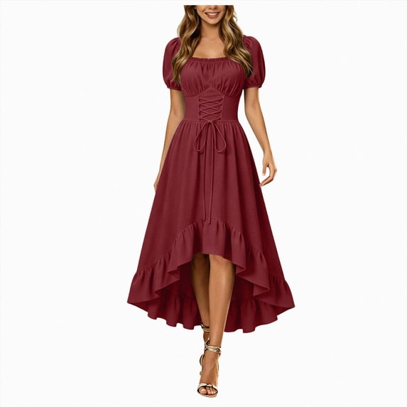 yboeqw Womens Square Neck Short Puff Sleeve Dress Corset Lace‑Up Waist Ruffled High‑Low Hem Gothic Party Midi Dress Size M