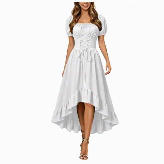 yboeqw Womens Square Neck Short Puff Sleeve Dress Corset Lace‑Up Waist Ruffled High‑Low Hem Gothic Party Midi Dress Size M