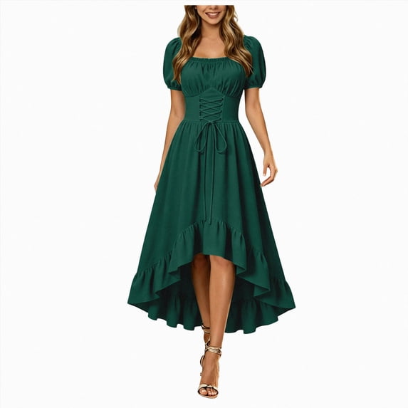 yboeqw Womens Square Neck Short Puff Sleeve Dress Corset Lace‑Up Waist Ruffled High‑Low Hem Gothic Party Midi Dress Size XXL