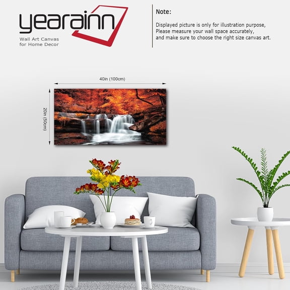 yearainn Autumn Forest Canvas Wall Art - Fall Waterfall Pictures Stream Red Trees Leaves Prints Wall Decor Nature Landscape Painting Artwork for Living Room Bedroom Home Office Decoration 20" x 40"