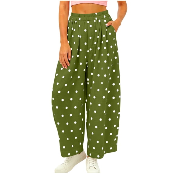 yeiolnoer Baggy Pants for Women Polka Dot Print Casual Trousers Elastic Waist Wide Leg Pant with Pockets for Fall