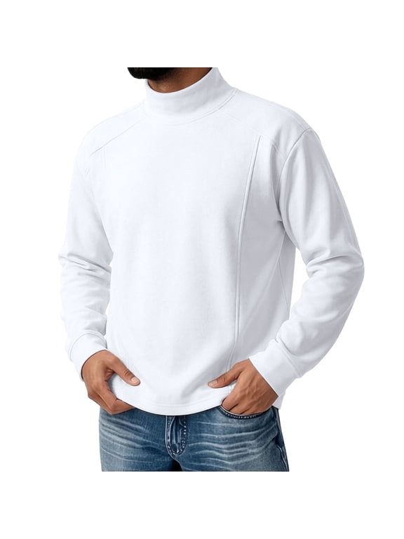 Big and Tall Shirts for Men Long Sleeve Casual Undershirts Loose Stand Collar Pullover T Shirt for Fall(White,Medium)