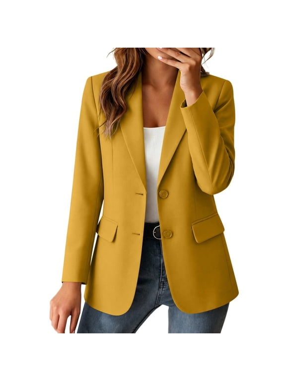 Blazers for Women Fall Long Sleeve Tops Elegant Button Front Suit Jacket with Pockets for Business(Yellow,X-Large)