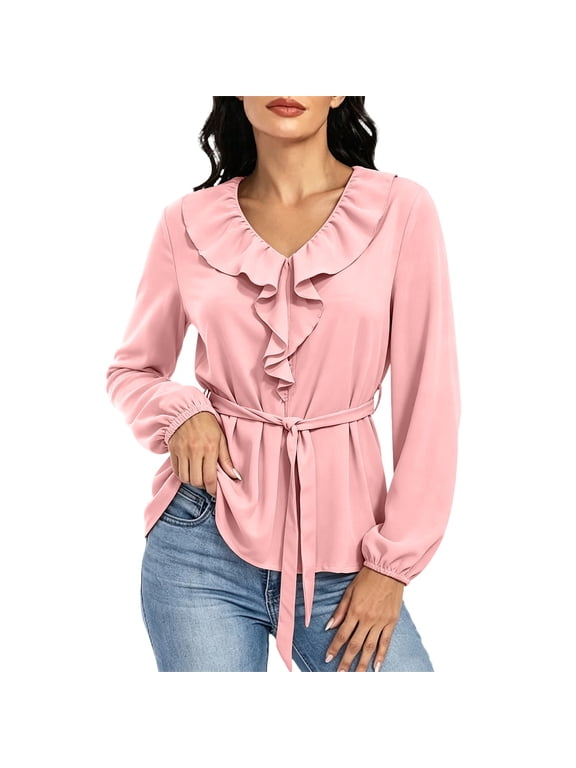 Dressy Blouses for Women Comfy Long Sleeve Tie Shirts Ruffle V Neck Loose Tops Fashion Clothing(Pink,Large)