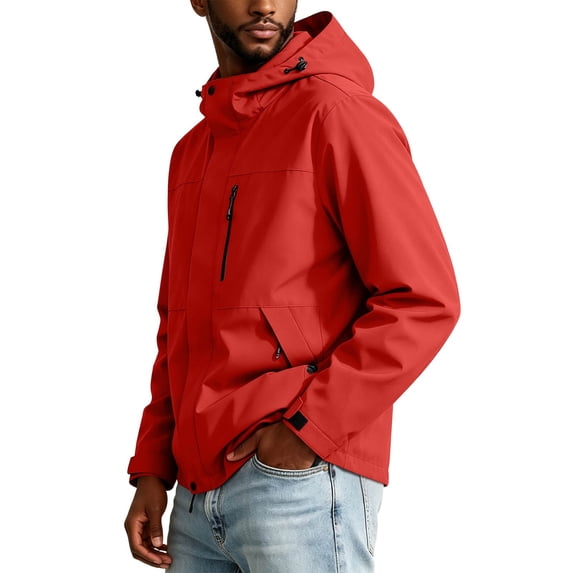 yeiolnoer Mens Rain Jacket Casual Full Zip Windbreaker Jacket Baggy Long Sleeve Outwear with Zipper Pockets for Hiking(Red,Medium)