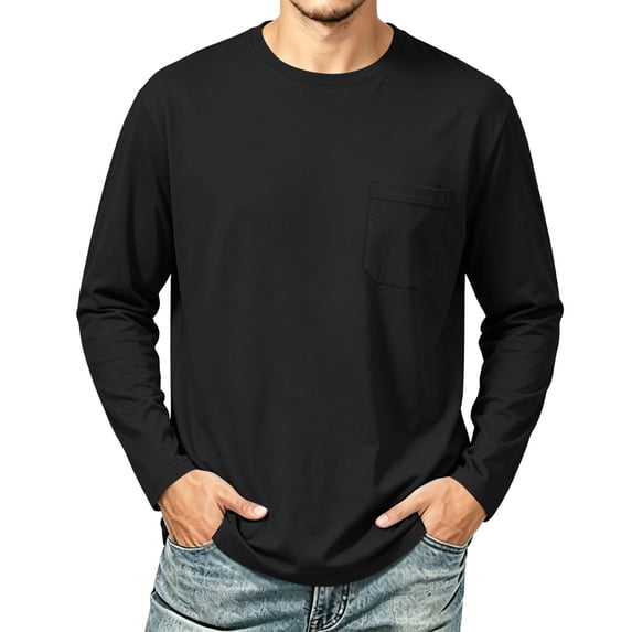 yeiolnoer Mens T Shirts Baggy Crew Neck Casual Undershirts Long Sleeve Classic Fit Shirts with Pocket for Fall(Black,Small)