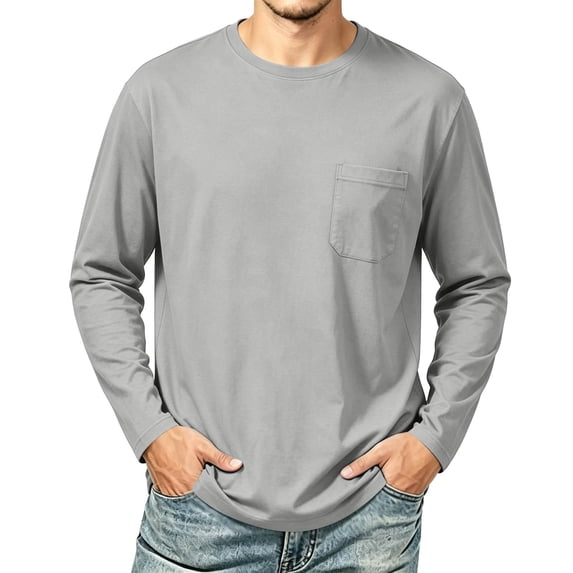 yeiolnoer Mens T Shirts Baggy Crew Neck Casual Undershirts Long Sleeve Classic Fit Shirts with Pocket for Fall(Gray,XX-Large)