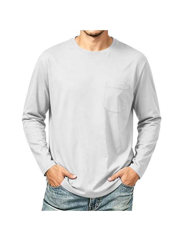 Mens T Shirts Baggy Crew Neck Casual Undershirts Long Sleeve Classic Fit Shirts with Pocket for Fall(White,Medium)