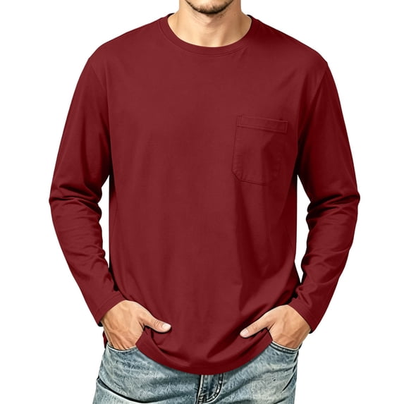 yeiolnoer Mens T Shirts Baggy Crew Neck Casual Undershirts Long Sleeve Classic Fit Shirts with Pocket for Fall(Wine,3X-Large)