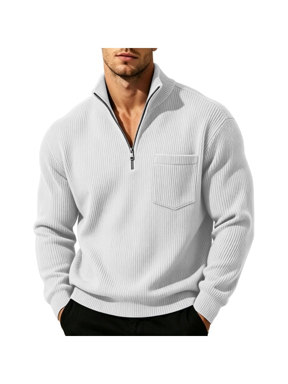 Oversized Shirts for Men Corduroy Quarter Zip Pullover Stand Collar Vintage Top with Pocket for Outdoor(White,Large)