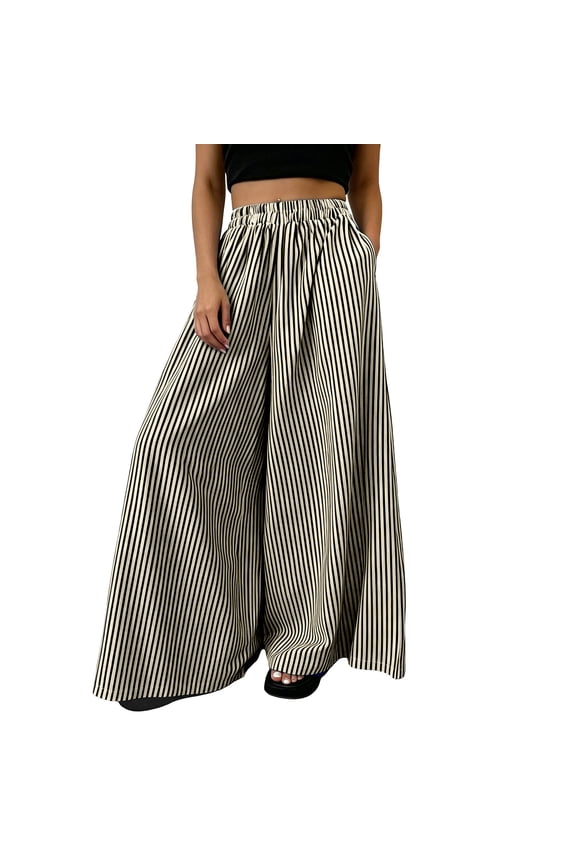 Palazzo Pants for Women Striped Elastic High Waisted Culottes Flowy Wide Leg Trousers with Pockets