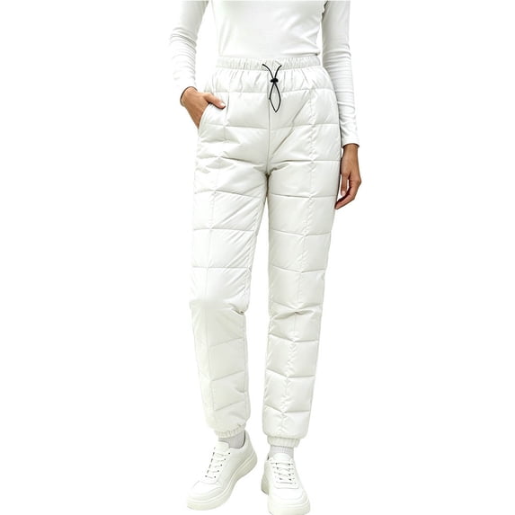 yeiolnoer Pants for Women Warm Elastic Waist Pants Drawstring Quilted Snow Pants with Pockets Winter Clothes(White,X-Large)