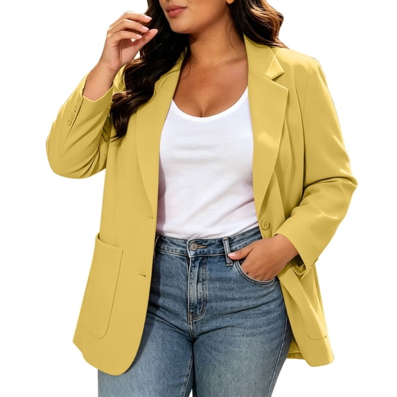 yeiolnoer Plus Size Blazers for Women Work Long Sleeve Shirts Button Front Suit Jacket with Pockets for Business(Yellow,X-Large)