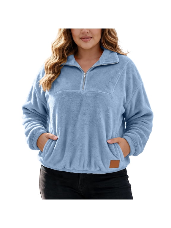 Plus Size Womens Flannel Shirt Comfy Long Sleeve Pullover Quarter Zip Lapel Top with Pockets for Winter(Blue,X-Large)