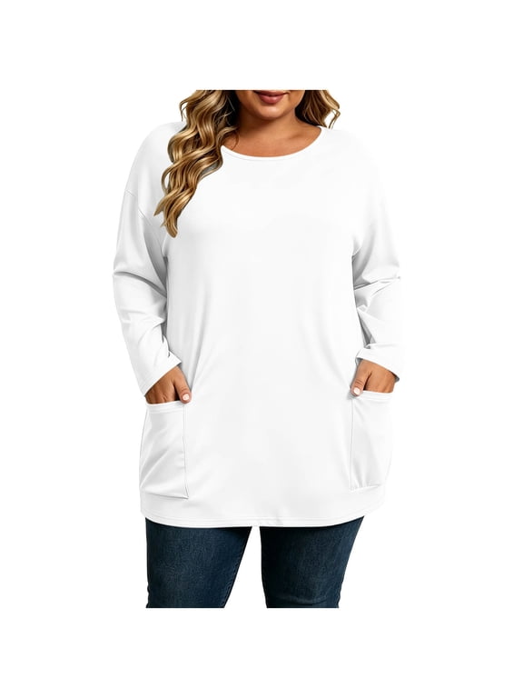 Plus Size Womens Shirts Casual Long Sleeve T Shirt Round Neck Tunic Tops with Pockets Fall Clothes(White,XX-Large)