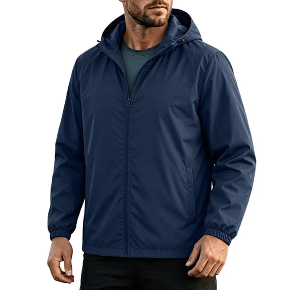 yeiolnoer Rain Jacket for Men Waterproof Long Sleeve Tops Casual Full Zip Hoodies with Pockets for Outdoor(Navy,3X-Large)