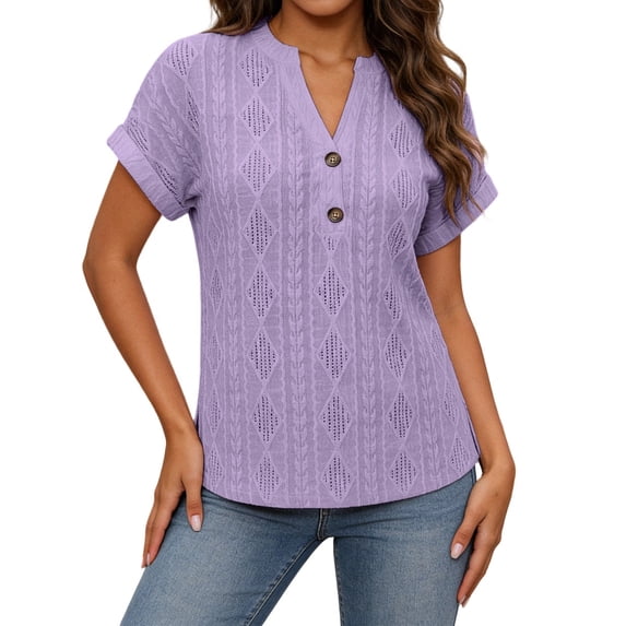 yeiolnoer Shirts for Women Short Sleeve V Neck Sweater Eyelet Tunic Top Knit Elegant Summer Spring Tops Casual Blouse