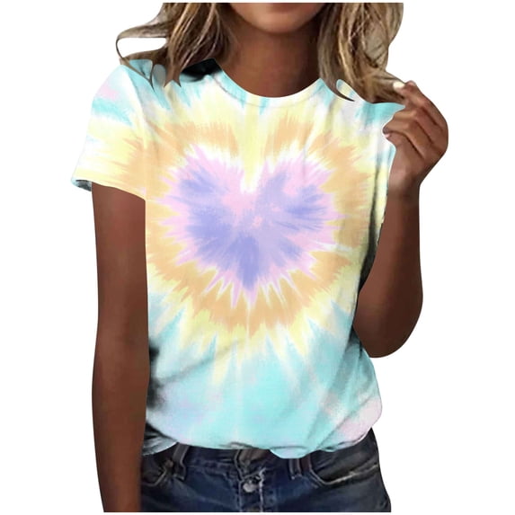 yeiolnoer Tie Dye Shirt for Women Hippie T-Shirt Short Sleeve Crewneck Tee Tops Vintage Vacation Outfit