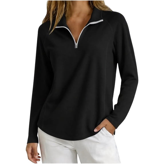 yeiolnoer Tops for Women Loose Fit Long Sleeve Casual Shirts Quarter Zip Lapel T Shirt for Athletic Workout(Black,Medium)