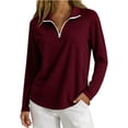thumbnail image 1 of yeiolnoer Tops for Women Loose Fit Long Sleeve Casual Shirts Quarter Zip Lapel T Shirt for Athletic Workout(Wine,X-Large), 1 of 6