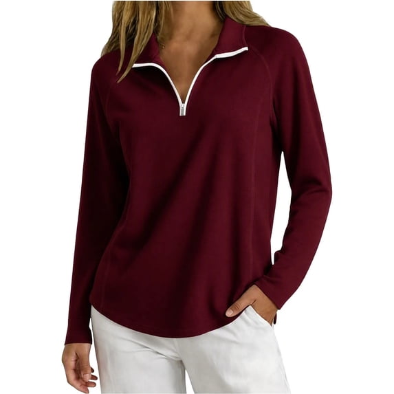 yeiolnoer Tops for Women Loose Fit Long Sleeve Casual Shirts Quarter Zip Lapel T Shirt for Athletic Workout(Wine,X-Large)