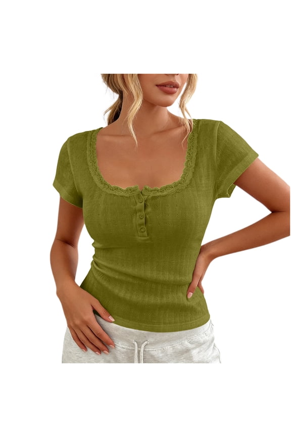 Women Lace Trim Scoop Neck Shirts Short Sleeve Button Front Blouse Pointelle Summer Slim Fit Tops