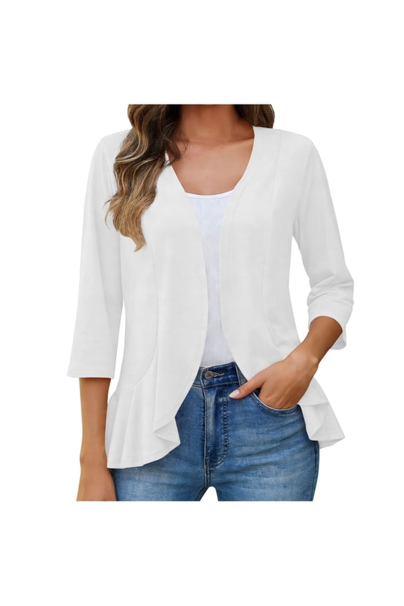 Women's 3/4 Sleeve Lightweight Cardigans Open Front Draped Ruffles Summer Spring Coverups Work Office Clothing